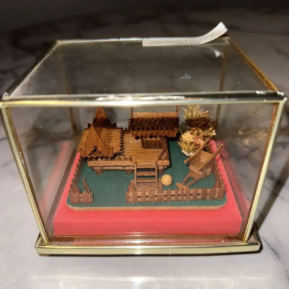 VINTAGE Handmade Teak Wood Thailand House Glass Metal Shadowbox Diorama Souvenir